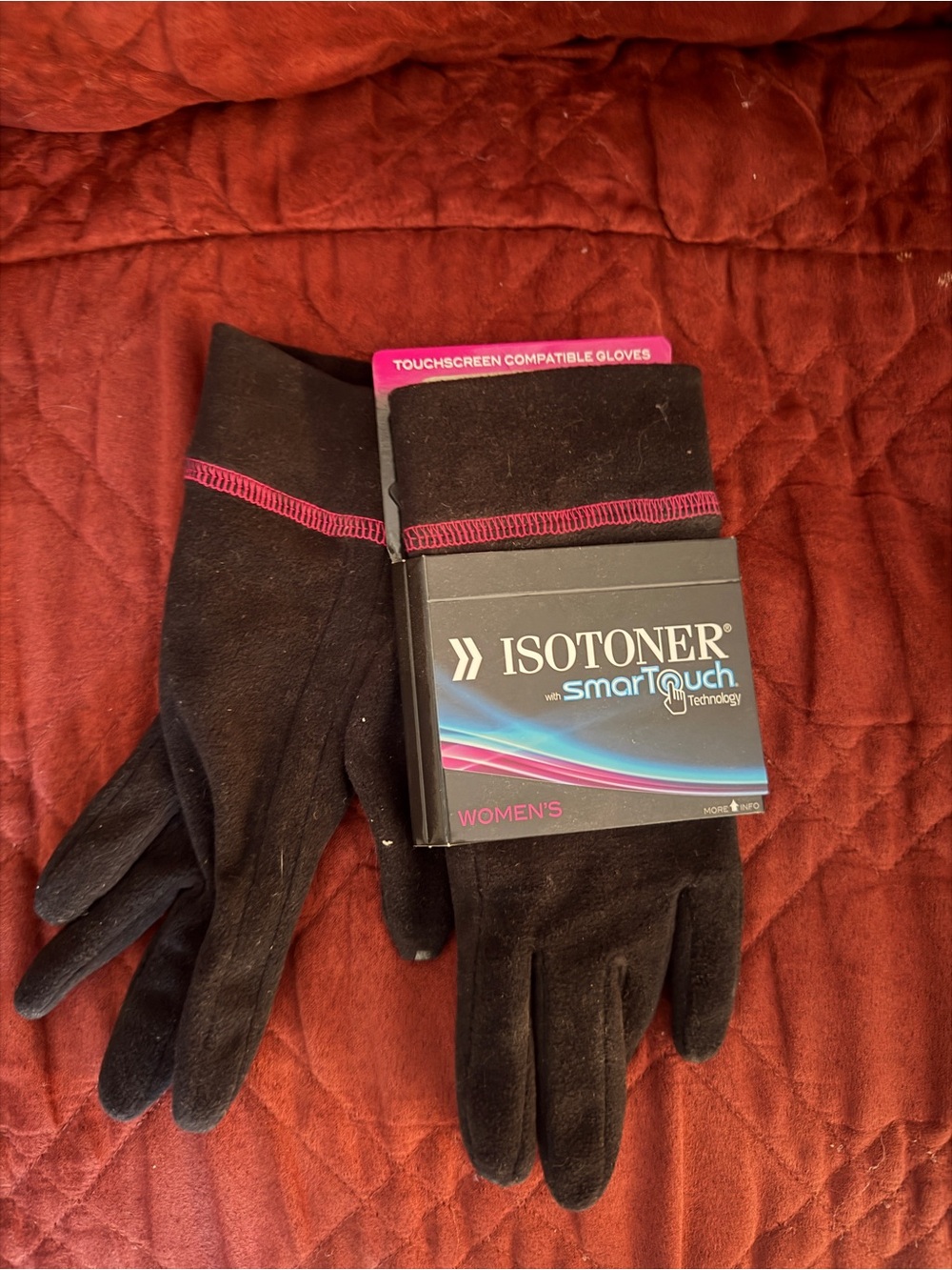 isotoner Women's Black Gloves with Pink Stitching
